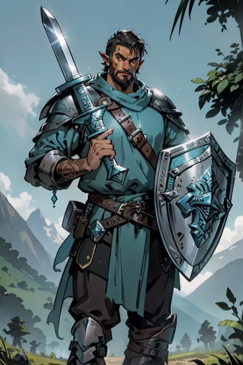 um close up de um Cavalero medieval caminhando para frente, estilo Paladino do jogo World of Warcraft, with a sword in his right hand, and a large shield on his left hand, pele negra, barba curta, short haircut in disguise, desenho estilo Cartoon