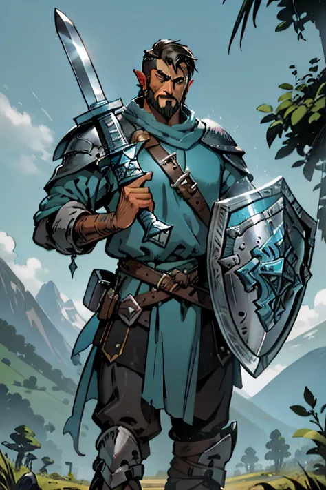 um close up de um Cavalero medieval caminhando para frente, estilo Paladino do jogo World of Warcraft, with a sword in his right hand, and a large shield on his left hand, pele negra, barba curta, short haircut in disguise, desenho estilo Cartoon