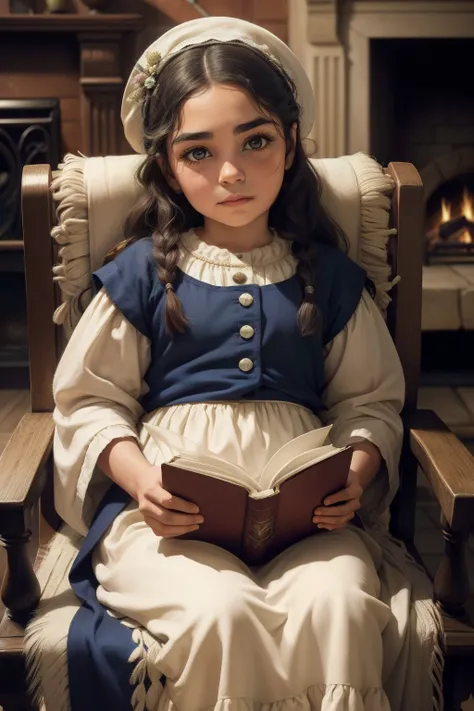 Emilia is a rag doll, recheada de macela,eyebrows lined with wool thread,Eyes are retro buttons,seu vestido feito de retalhos,sitting in a large rocking chair facing a fireplace,segurando um grande livro de contos de fadas,at his side is his friend Viscoun...