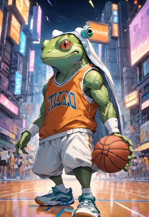 ((foto crua)), ((obra-prima)), Anthropomorphic humanoid frog wearing basketball clothes, basketball tennis, capuz, Pants, caminhando furiosamente entre as pessoas, detalhe intrincado, intricate Greebles pieces, city behind, corpo musculoso, muscular arms, ...