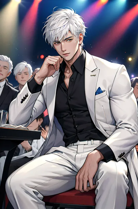 Masterpiece, best quality, realistic, super detailed, portrait of a young man, handsome looking white hair white suit, head to the right, sitting in the crowd around the concert, entertainment industry star rich second generation