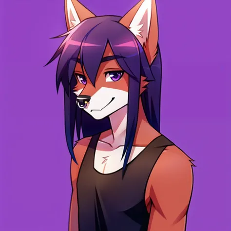 1boy, furry purple fox, shoulder length hair style, black tank top, right nose piercing