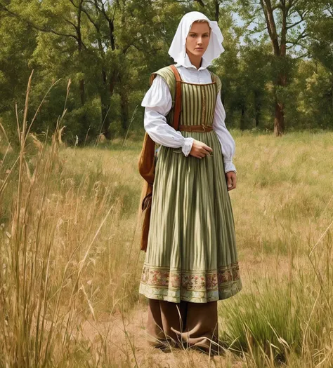 realistic image of a blonde, medieval, peasant woman, full body, looking at the camera, in the field, dressed. --auto --s2