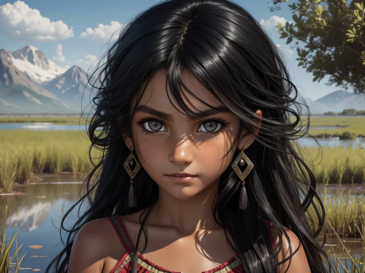 7 year old gypsy girl, loose black hair, messy hair, dark eyes, (((mischievous expression))), tanned skin concept art, slim face, realistic, wetland in the background