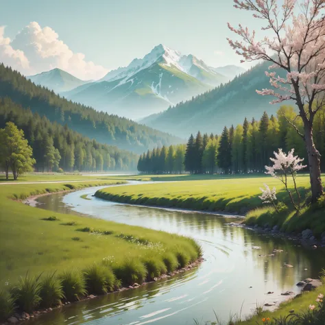 masterpiece, beautiful, elegant, spring landscape, minimalist,  16:9 --auto --s2