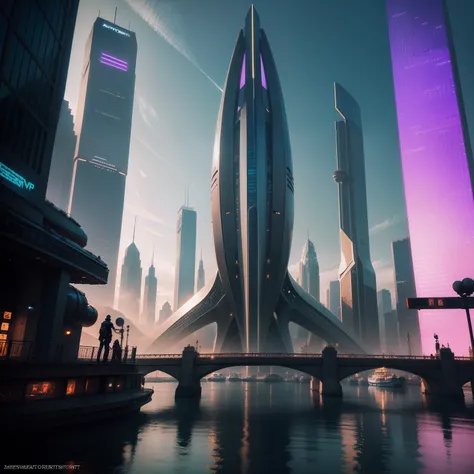 Views of the cyberpunk world of the harbor、ＳＦart by　epcot　dream　Huge skyscrapers　top-quality　​masterpiece　超A high resolution　futuristic cities