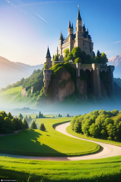 castle in valley by larry elmore, castle, cute little hamlet, beauty overload, sunny magic background, 
super valuable details,  masterpiece:1.5, intricate details, rolling hills, volumetric lighting, 
photorealistic:1.2, realistic, photography, digital ar...