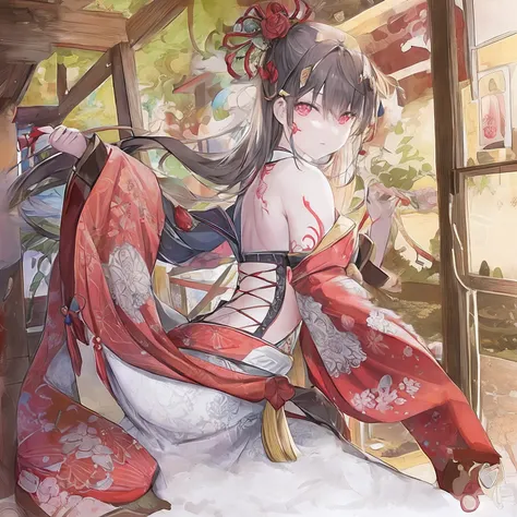 Watercolor painting without outlines, delicate watercolor painting that seems about to crumble. Yoshiwara, red-light district, courtesan, tattoos, slender, 16 years old, watercolor painting, vibrant saturation, omitting outlines, numerous tattoos, full bac...