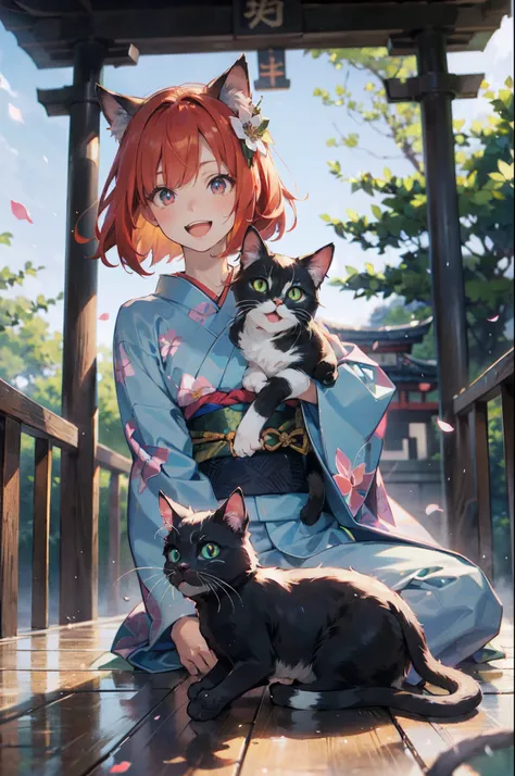 masutepiece, Best Quality, Detailed beautiful face and eyes, Full body, The best illustrations, PastelColors, (jpn、Shrine 1.4), Red torii gate, beauitful face, blurry backround, 10 year old beautiful girl, shinny skin, (１The tail of a cat in a book grows:1...