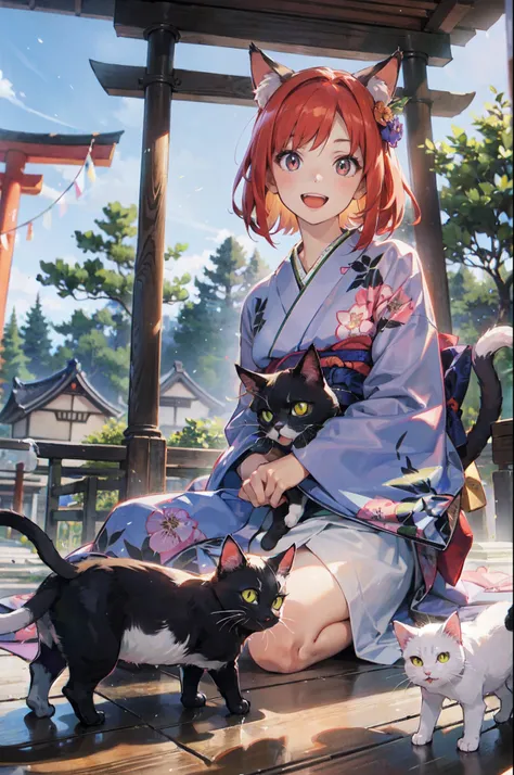 masutepiece, Best Quality, Detailed beautiful face and eyes, Full body, The best illustrations, PastelColors, (jpn、Shrine 1.4), Red torii gate, beauitful face, blurry backround, 10 year old beautiful girl, shinny skin, (１The tail of a cat in a book grows:1...