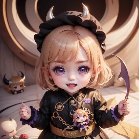 Cute Baby Chibi Anime,Super masterpiece, top-quality, Ultra-detailed, girl1、(((Chibi Devil)))、Beige Shorthair、Open your mouth and smile、Luxurious embroidered suit in black and purple、With a sickle with a long handle、Fairytale Autumn Forest、