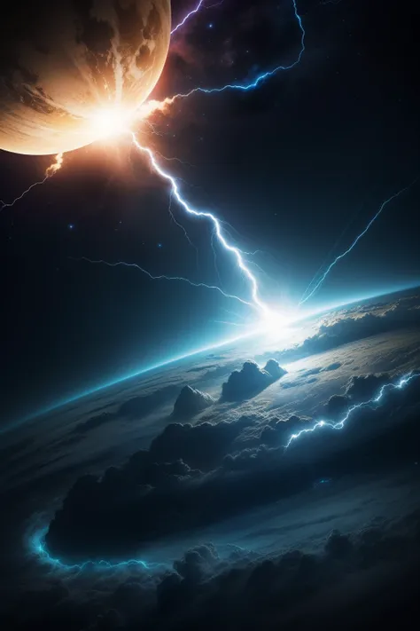 Strange white and yellow planet in the darkness of the universe, High definition, Studio Photo Lighting, detalhes de brilho cinza, ..3d, 4D, estilo realista, Cinematic effects, with lightning bolts, energy atmosphere, detalhes do plasma