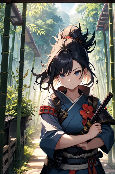 The highest image quality, ​masterpiece, 超A high resolution, poster for, 8K, Fantasyart, 动态照明, art  stations, poster for, volume illumination,Beautiful Japan countryside、Lightly armed female samurai are fighting。 Samurai wear simple kimonos and rustic armo...