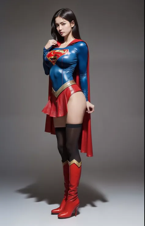 (((Make the most of the original image)))、(((Supergirl Costume)))、(((lustrous dark hair)))、(((Suffering)))、(((Feet must necessarily be worn with black tights)))、(((You need to wear red boots)))、((Top image quality、8K))、((top-quality、8K、​masterpiece:1.3))、C...