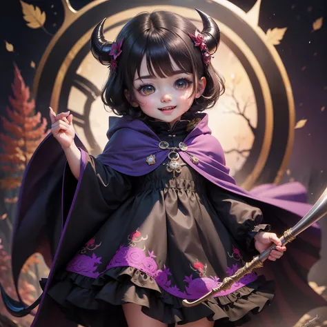 Cute Baby Chibi Anime,Super masterpiece, top-quality, Ultra-detailed, girl1、(((Chibi Devil)))、Black shorthair、Open your mouth and smile、A detailed face、Luxurious embroidered costume in black and purple、black cloak、Holding a long-handled sickle in his hand、...