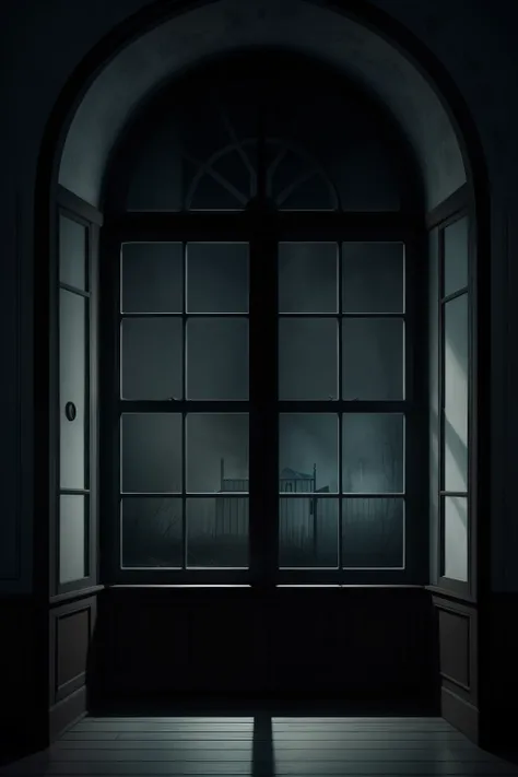 Make an illustration of a window of a house of horror with indistinct whispers of the wind. Whispers should give an impression of disturbing and mysterious voices.