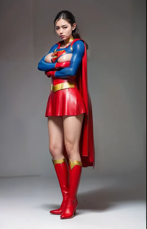 (((Make the most of the original image)))、(((Supergirl Costume)))、(((lustrous dark hair)))、(((Suffering)))、(((Feet must necessarily be worn with black tights)))、(((You need to wear red boots)))、((Top image quality、8K))、((top-quality、8K、​masterpiece:1.3))、C...