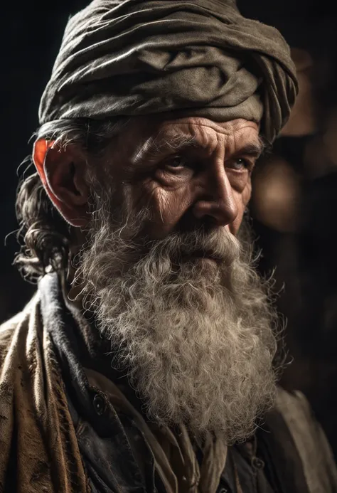 A portrait of a wizard, bearded, wrinkled, weathered, with piercing eyes, detailed face, high details, photography, dark studio, rim light, Nikon D850, 50mm, f/1.4