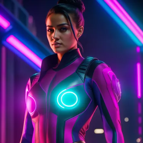 mulher sensual, Roupa do Spiderman. realista. futurista. Futuristic setting. Cores em neon. Cyberpunk