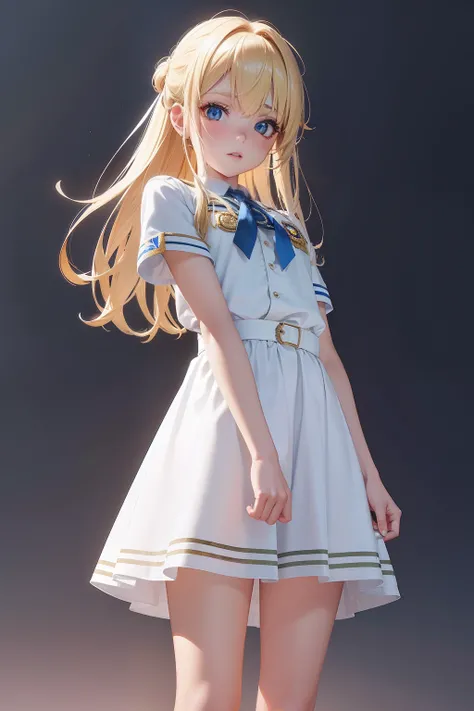 Girl from Ukraine , Ukraine anime girl , ..3d , Ukraine , Full body composition of a young woman with messy light blonde hair, maquiagem dos olhos, 11 anos, orelhas de gato, soft lighting, sozinho, vestido com um velho uniforme militar futurista rasgado e ...