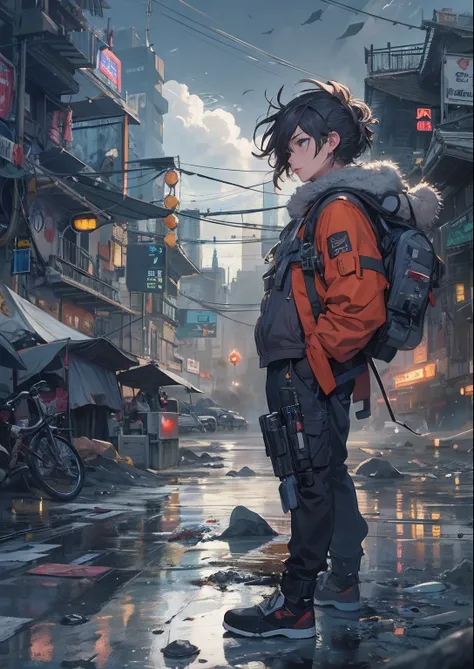 1boy,a 13 yo boy、Cyberpunk Boy、katanas,machine gun、Point the muzzle at us、Spiky hairstyle、Whole body bloody、Back lighting,The beginning of the adventure、Lots of clouds,heavy fog、Chaotic city of the future、ruined and devastated city、dystopian、A very complex...