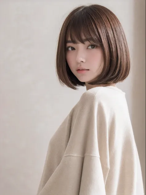 top-quality、​masterpiece、hight resolution、1girl in、独奏、Raw photo、Real person、Detailed skin、japanes、brown haired、thin bunches of bangs、Light bob cut、posterior view、Upper body sweatshirt、White Room、white walls