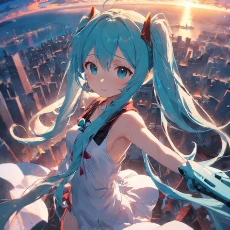 ​masterpiece、top-quality、Movie stills、miku hatsune、云、floating in sky、a closeup、发光、happiness、Warm soft lighting、the setting sun、(Spark:0.7)