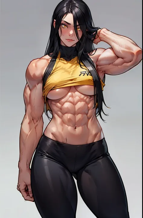 ((((((1 girl)))))), black hair, yellow eyes, very long hair, ((((((muscular)))))), tall, pale skin, (underboob and leggings), (solo), (seductive expression), cowboy shot