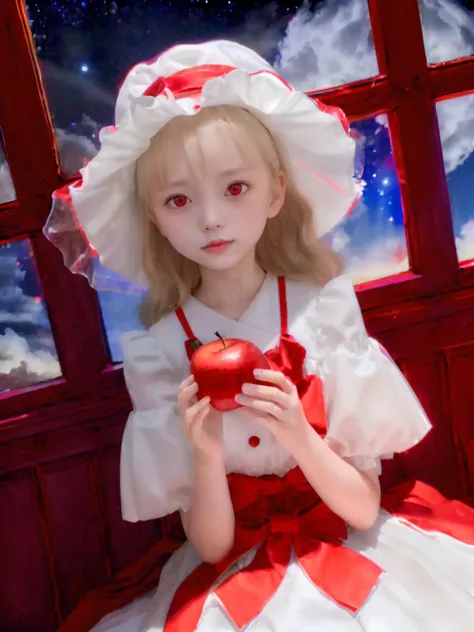 8K、​masterpiece、Vivid、detaileds、10 year old girl in dress with reddish white ruffle sleeves、Young Face、White fluffy hat、a blond、Lots of bangs、((red eyes:1.3))、Holding a red apple in your hand、Lori、(vampire girl:1.1)、Night sky and red moon view、Sit near the...