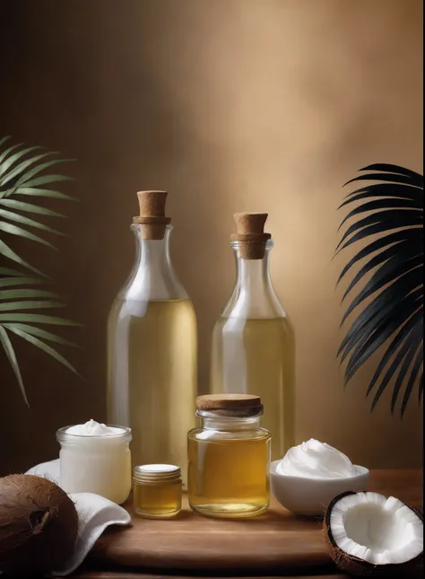 there are three bottles of coconut oil and coconuts on a table, oils, cooking oil, oil, high quality topical render, photo shot, texture, dramatic product lighting, in style of mike savad”, outstanding detail, sweet almost oil, detailed oil, evening light,...