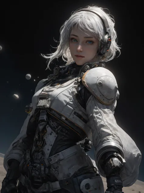 (rembrandt),(midjourney),(on the moon, space, looking back into earth), white hair, black tank top, volumetric lighting, white jacket, glowing headphone, cyberpunk, futuristic, multi-color eyes, detailed eyes, hyper detailed,light smile,

highly detailed, ...