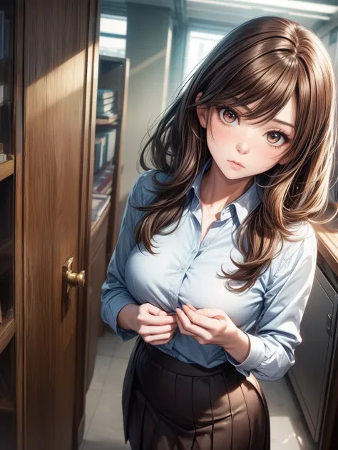 Best Quality, masutepiece, beautiful mature women、Beautiful face、Strong-minded woman、Office Suits、skirt by the、brown haired、Brown-eyed、Longhaire、Undersized eyes、Full body like、s Office、look down from above、Pouting a little