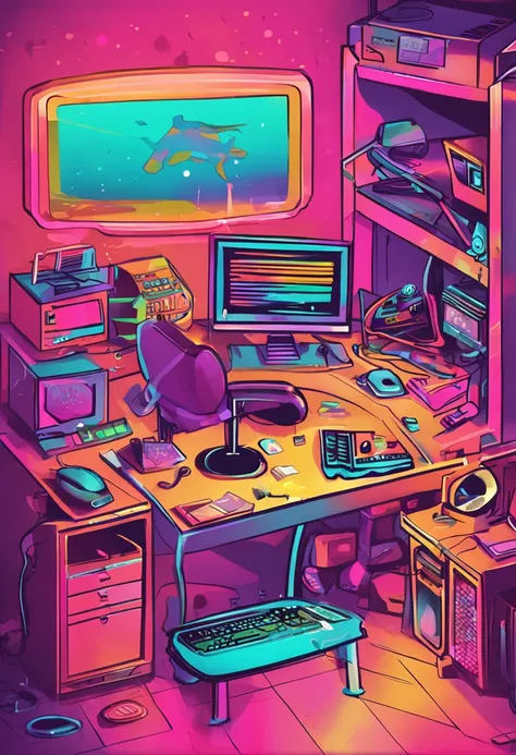 A picture of a colorful gamers room，It has a computer and the word "live"