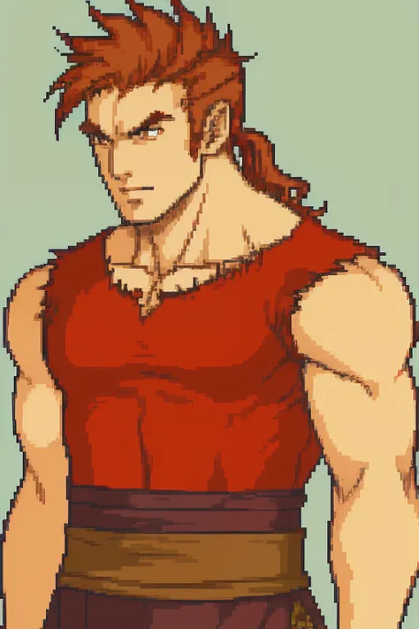 solo focus, Vanilla Fire Emblem, Desaturated Sprite, Halfbody, no frames, short wild curly blood red hair, brown eyes, sleeveless top, muscular body, scars on arms, handsome, attractive young man, Fighter, husky, thick hair, super short hair, small ponytai...