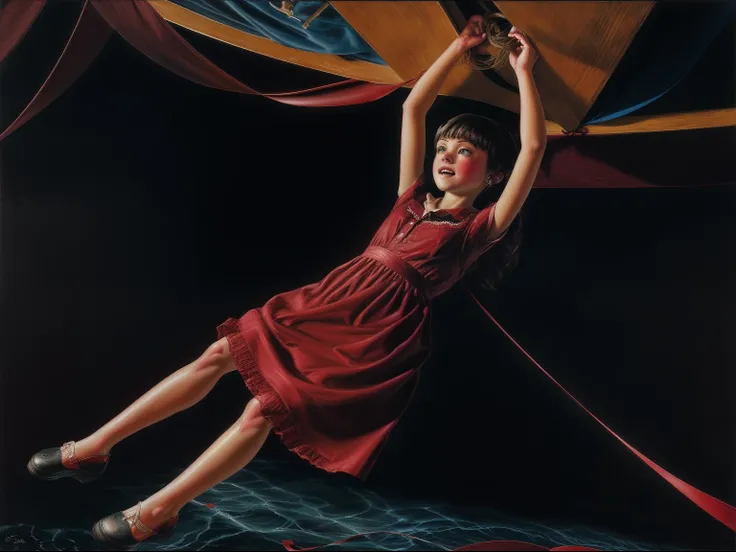 lostgirls, a painting of a girl of in a red dress climbing up ribbons to a ceiling, wholesome, water floor