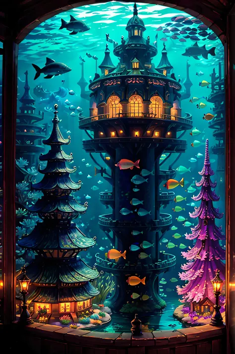 A living underwater city, illuminated by bioluminescent corals and aquatic plants, where fish of all kinds swim gracefully around. In the city center there is a huge, ornate shell throne adorned with pearls and shell jewellery, surrounded by colorful fish,...