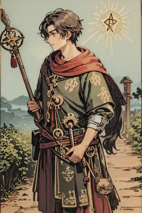 Tarot card, o tolo, homem, bindle, Stick and purse, penhasco, longos cabelos castanhos, jovem, sobretudo, roupas verde musgo.