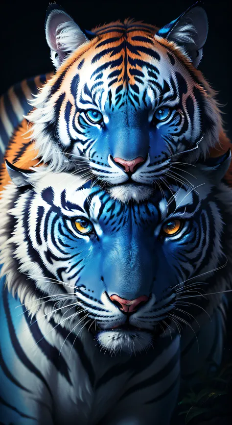 There is a blue tiger walking through a blue magical forest, glowing red eyes, blue, tigre_animal, com olhos amarelos brilhantes, Arte digital altamente detalhada em 4k, tigre branco, olhos brancos brilhantes, Arte digital detalhada em 4k, ((tigre)), fierc...