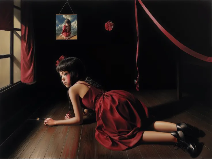 lostgirls, painting of the back of a girl in a red dress hanging from ribbons on the ceiling with water below in black shoes