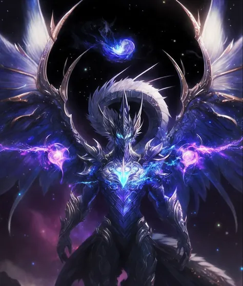 a closeup of a demonic creature with a blue and purple light, Aurelius Sun, arte de fantasia digital 2d detalhada, cosmic horror entity with wings, foto de perfil 1024px, arte conceitual demon soul, Symmetrical Epic Fantasy Art, Epic Fantasy Digital Art St...