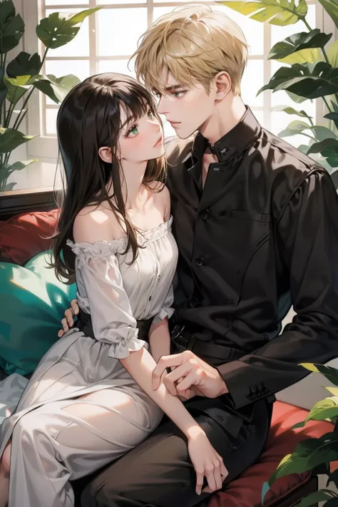 couple, 1 girl 1 boy, different hair color, long black bang hair and brown eyes, short blonde hair and green eyes, romance, sit ...