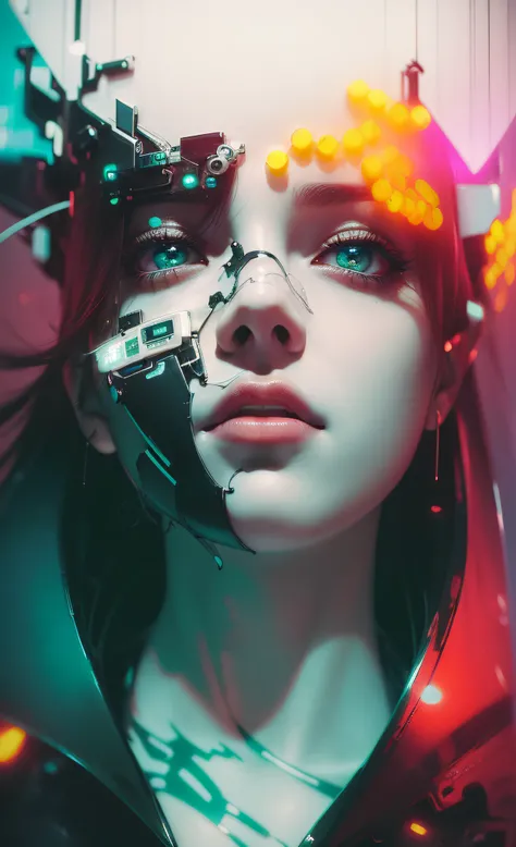 portrait of a beautiful woman, clear, (finely detailed skin), pale skin, (Pants made of circuit board with sexy and futuristic cyberpunk black crop top and circuit board very detailed with deep neckline, cybernetics, Japanese words with flare effect, Beaut...