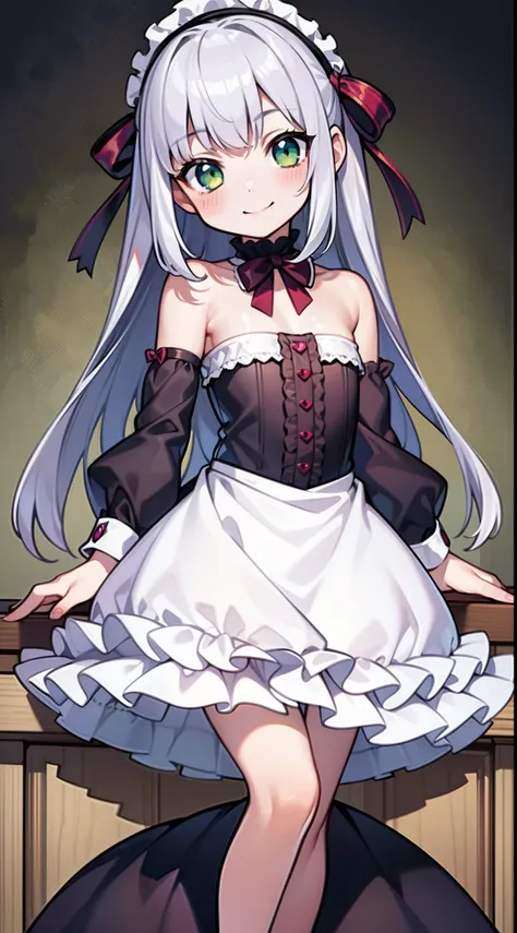 masterpiece,best quality,ultra detailed,8k,solo,petit girl,8 years old,flat chest,smaller female,silver hair,long hair,straight hair,green eyes,smile,blush,Lolita fashion