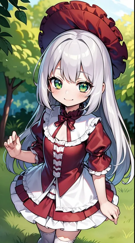 masutepiece,Best Quality,ultra-detailliert,8K,Solo,chiquita,8 years old,flat chest,Little woman,Silver hair,Long hair,Straight hair,Green eyes,Smile,blush,Lolita Fashion