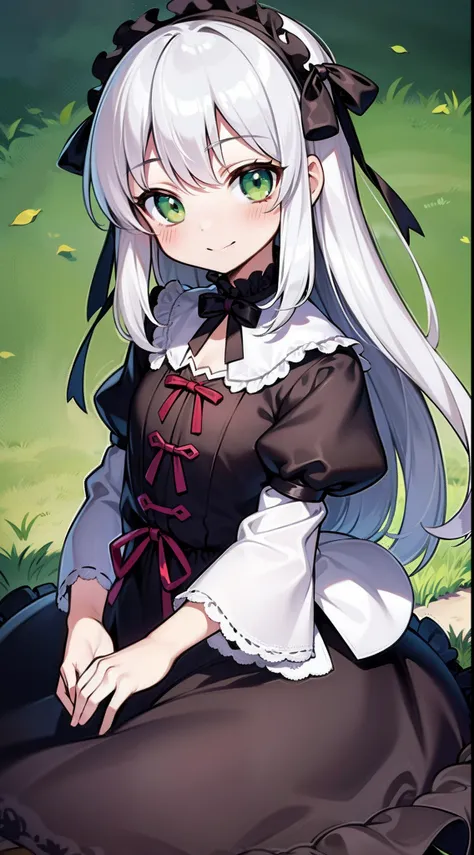 masutepiece,Best Quality,ultra-detailliert,8K,Solo,chiquita,8 years old,flat chest,Little woman,Silver hair,Long hair,Straight hair,Green eyes,Smile,blush,Lolita Fashion