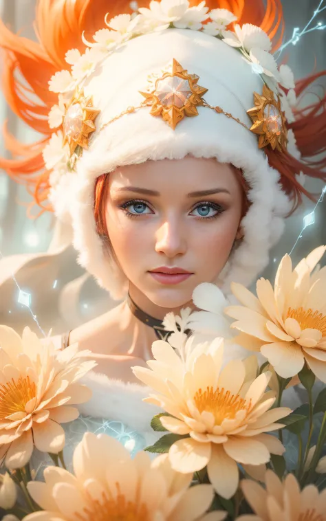 35mm, F/2.8, insanely hyper-detailed and intricate realistic, full body character  with messy red hair, looks like Bryce Dallas Howard, in a dress of ice flowers luminescent circuitry patterns that glow with an eerie blue hue, a black circle crown on her h...