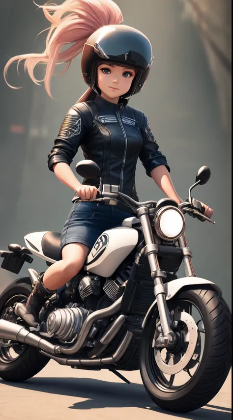 A little sister riding a motorcycle, Cute 3d rendering, Look at me with a helmet, Stylized 3D rendering, 3D Rendering Character Art 8K, lovely digital painting, anime styled 3d, streaked hair, first-person view, speed lines, super detail, masterpiece, text...