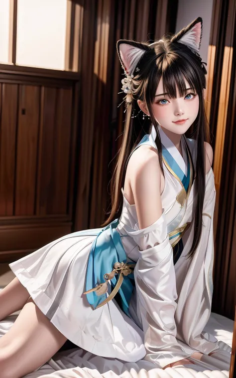 Alafi in a white and blue dress sat on the bed, Anime girl cosplay, White Hanfu, Palace ， A girl in Hanfu, full-body xianxia, Anime cosplay, Hanfu, trending on cgstation, cosplay foto, the anime girl is crouching, heise jinyao, Also, Japanese goddess