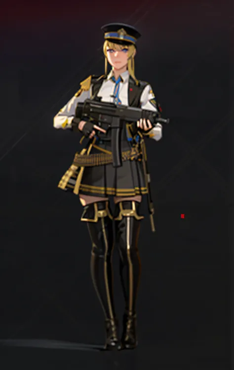 Arad female soldier with gun and hat, gilded black uniform, m4 sopmod ii girls frontline, full uniform, ingame image, JK school uniform, girls frontline style, Full body female, infantry girls, soldier outfit, full body shot hyperdetailed, Full body pictur...