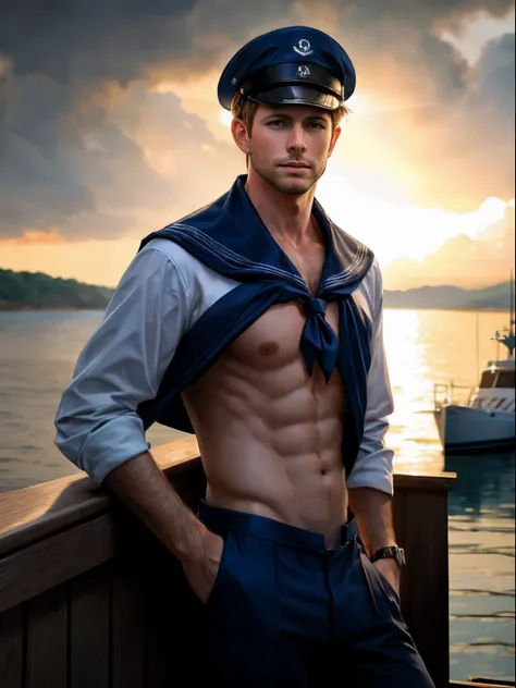 masterpiece, best quality, high resolution, A man, with sailor clothes, bare chest, sailor hat, in the background a boat,  amazing composition, front view, HDR, volumetric lighting, ultra quality, elegant, highly detailed